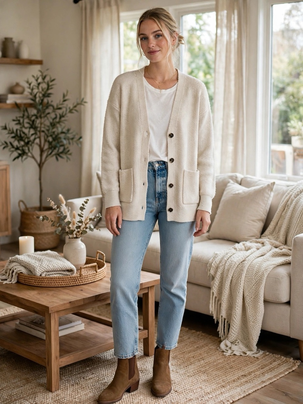 RW&CO Cream Ribbed Knit Cardigan Button Front Patch Pockets Cozy Fall Knit | L